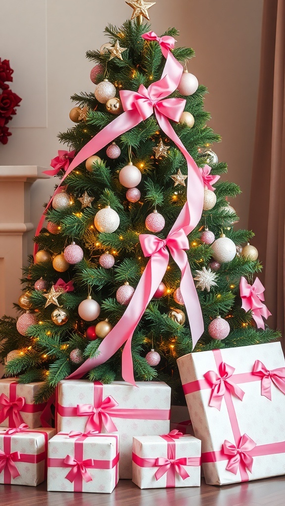 A Christmas tree decorated with pink ribbon and ornaments, surrounded by gifts wrapped in pink ribbon.